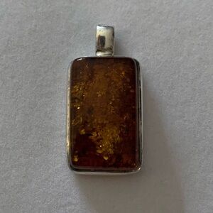 Vintage 925 Sterling Silver Large Rectangle Amber Statement Necklace Pendant